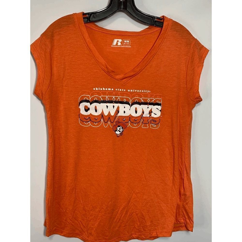Russell Womens Oklahoma State Cowboys Wordmark V-Neck T-Shirt Orange Size Medium